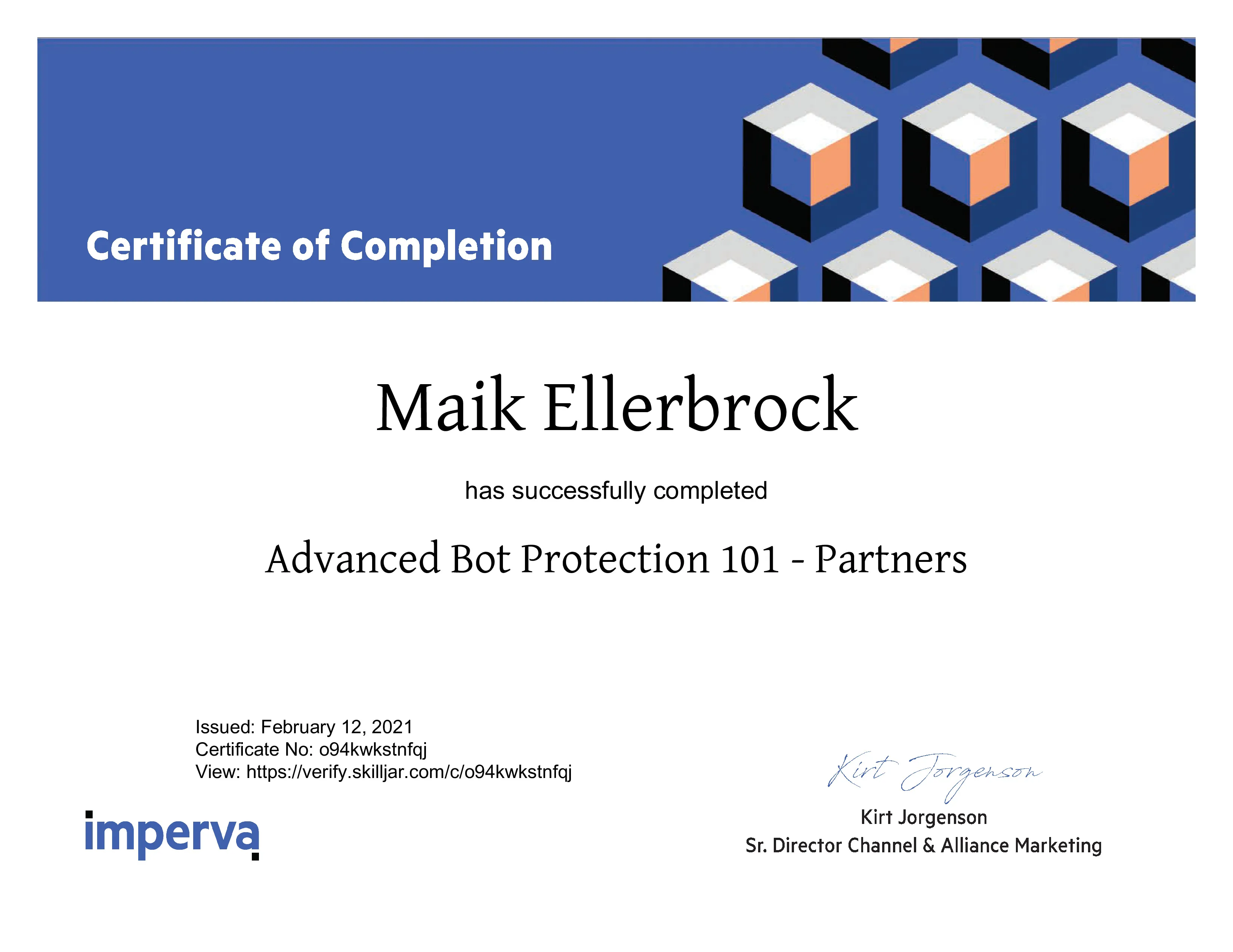 Maik Ellerbrock's verified Imperva Advanced Bot Protection 101 - Partners badge issued by Imperva